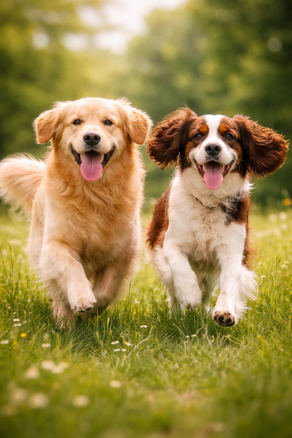 Happy healthy dogs running through the grass